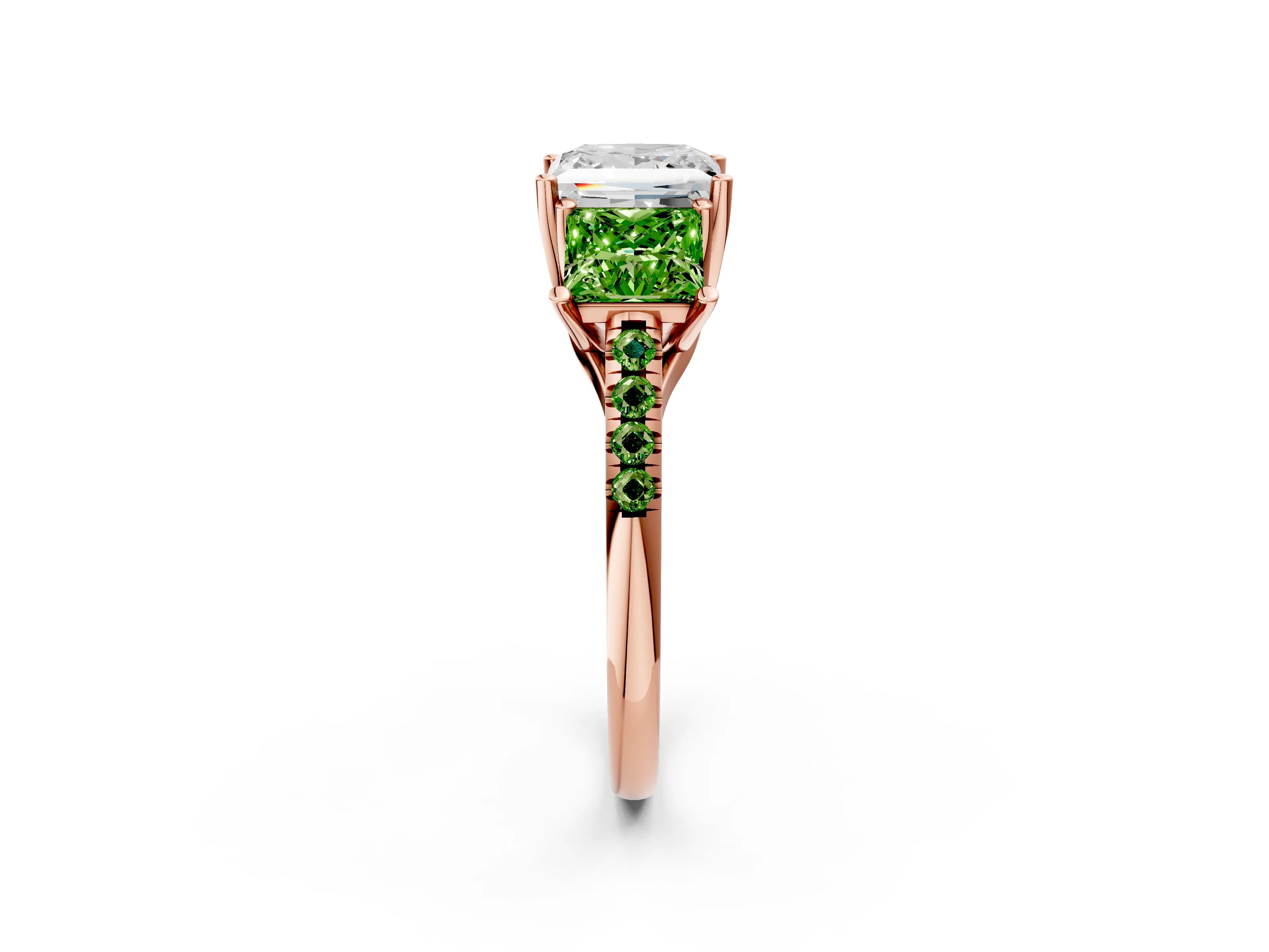 Rose gold Three-Stone Princess Cut Diamond Ring with Round with Peridot side stone Pavé Band and Prong Setting_2