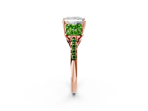 Rose gold Three-Stone Princess Cut Diamond Ring with Round with Peridot side stone Pavé Band and Prong Setting_2