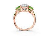 Rose gold Three-Stone Princess Cut Diamond Ring with Round with Peridot side stone Pavé Band and Prong Setting_3