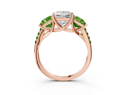 Rose gold Three-Stone Princess Cut Diamond Ring with Round with Peridot side stone Pavé Band and Prong Setting_3