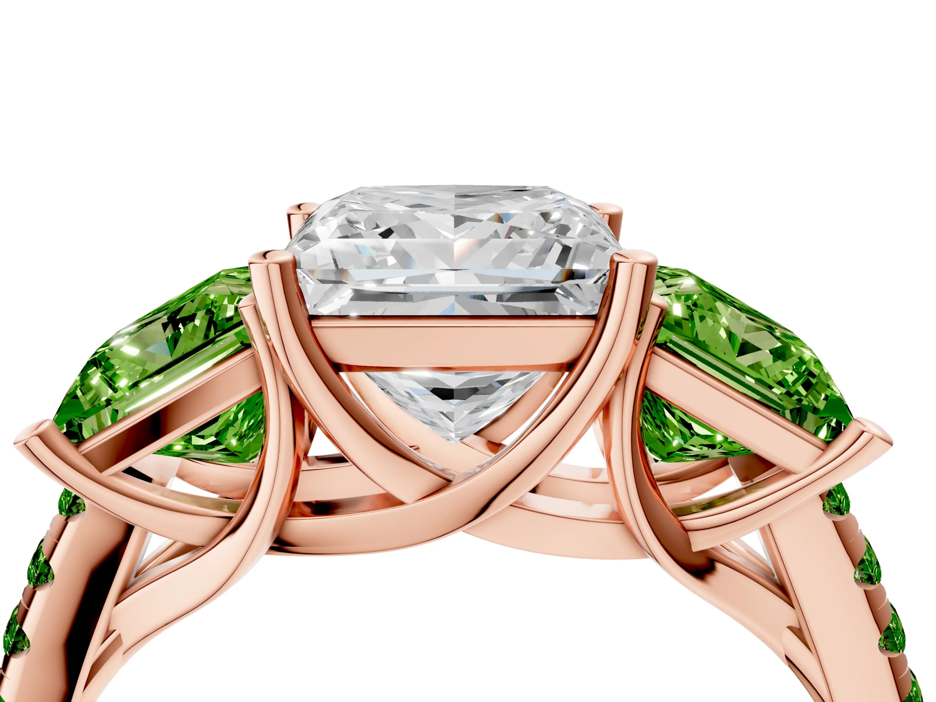 Rose gold Three-Stone Princess Cut Diamond Ring with Round with Peridot side stone Pavé Band and Prong Setting_4