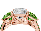 Rose gold Three-Stone Princess Cut Diamond Ring with Round with Peridot side stone Pavé Band and Prong Setting_4