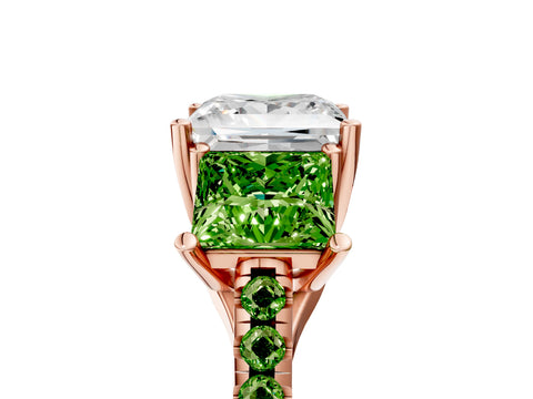 Rose gold Three-Stone Princess Cut Diamond Ring with Round with Peridot side stone Pavé Band and Prong Setting_5