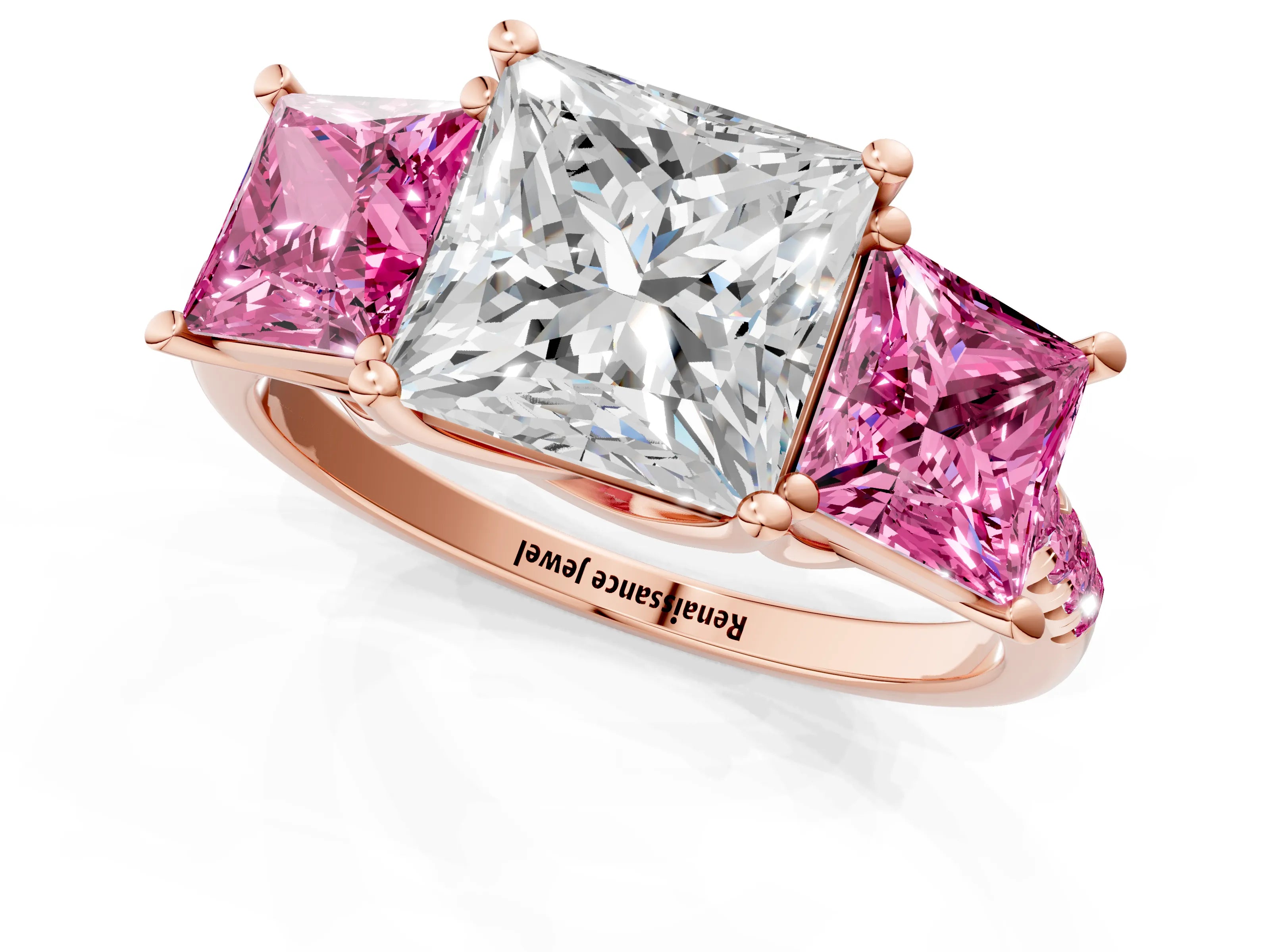Rose gold Three-Stone Princess Cut Diamond Ring with Round with Pink Sapphire side stone Pavé Band and Prong Setting_1