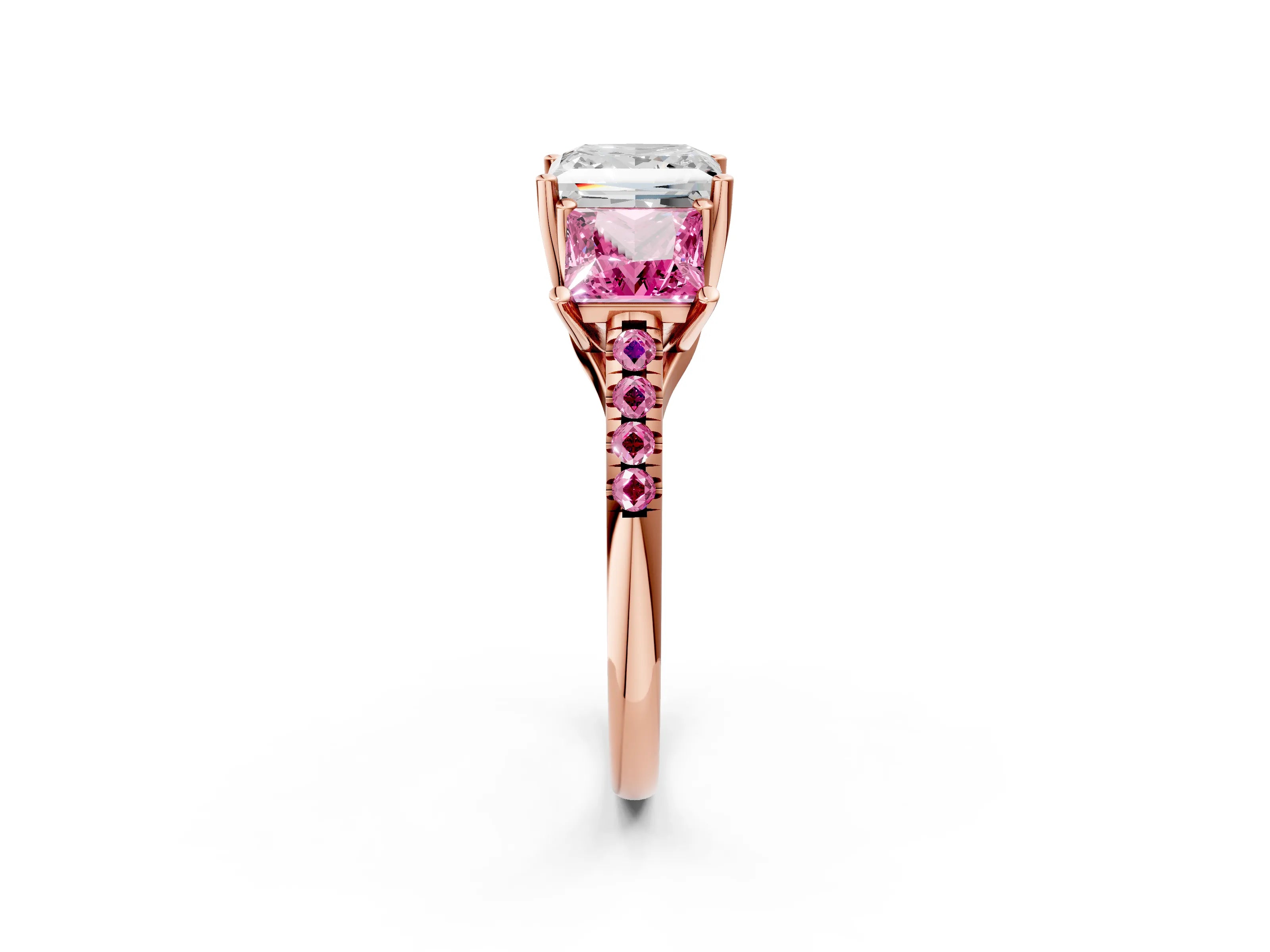 Rose gold Three-Stone Princess Cut Diamond Ring with Round with Pink Sapphire side stone Pavé Band and Prong Setting_2