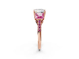 Rose gold Three-Stone Princess Cut Diamond Ring with Round with Pink Sapphire side stone Pavé Band and Prong Setting_2