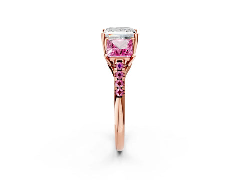 Rose gold Three-Stone Princess Cut Diamond Ring with Round with Pink Sapphire side stone Pavé Band and Prong Setting_2
