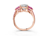 Rose gold Three-Stone Princess Cut Diamond Ring with Round with Pink Sapphire side stone Pavé Band and Prong Setting_3