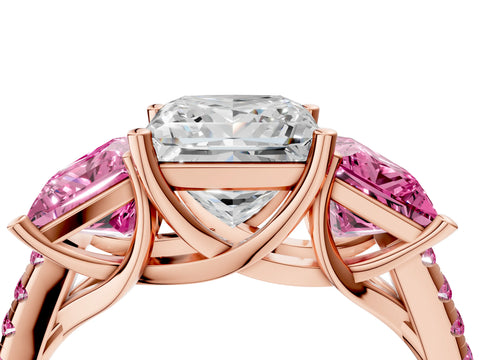 Rose gold Three-Stone Princess Cut Diamond Ring with Round with Pink Sapphire side stone Pavé Band and Prong Setting_4