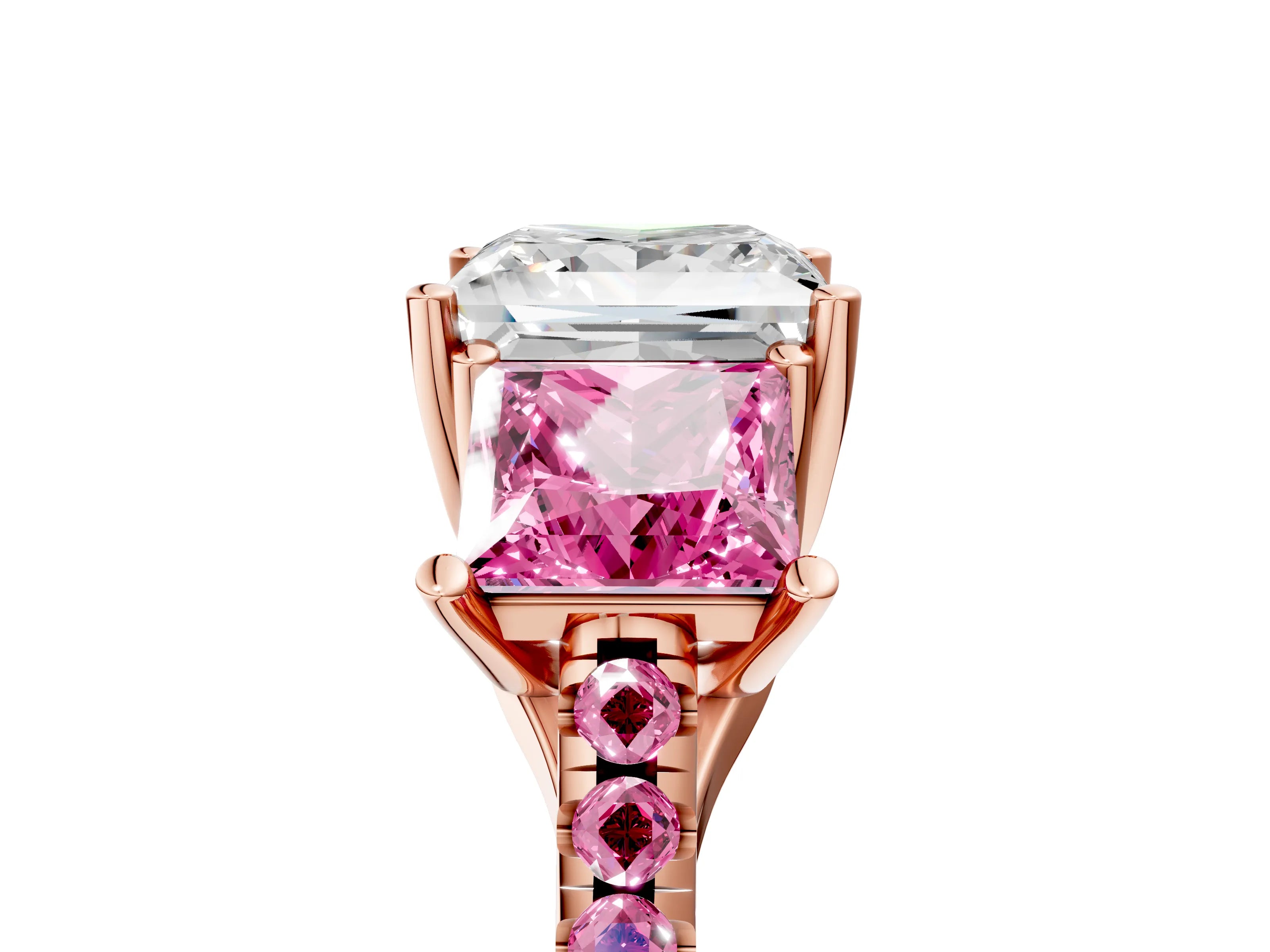 Rose gold Three-Stone Princess Cut Diamond Ring with Round with Pink Sapphire side stone Pavé Band and Prong Setting_5