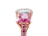 Rose gold Three-Stone Princess Cut Diamond Ring with Round with Pink Sapphire side stone Pavé Band and Prong Setting_5