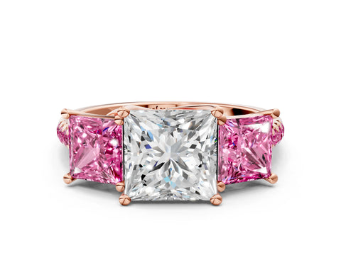 Rose gold Three-Stone Princess Cut Diamond Ring with Round with Pink Sapphire side stone Pavé Band and Prong Setting