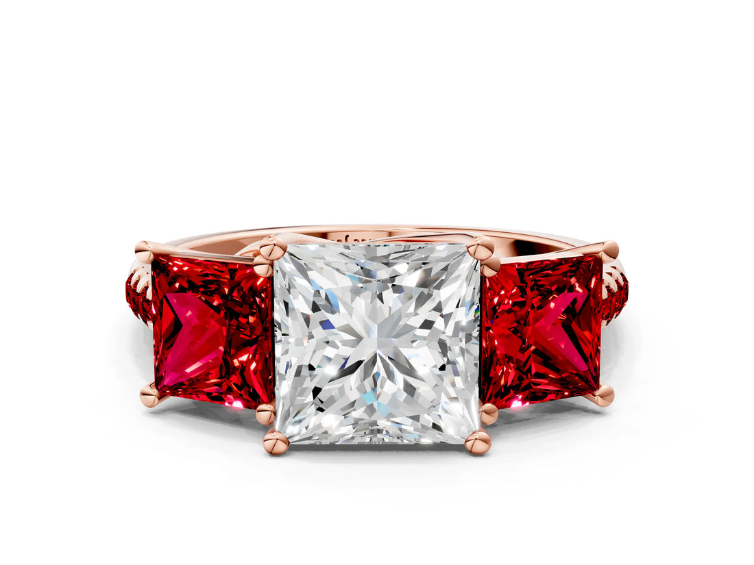 Rose gold Three-Stone Princess Cut Diamond Ring with Round with Ruby side stone Pavé Band and Prong Setting