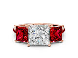 Rose gold Three-Stone Princess Cut Diamond Ring with Round with Ruby side stone Pavé Band and Prong Setting