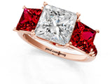 Rose gold Three-Stone Princess Cut Diamond Ring with Round with Ruby side stone Pavé Band and Prong Setting_1