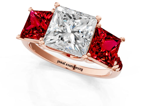 Rose gold Three-Stone Princess Cut Diamond Ring with Round with Ruby side stone Pavé Band and Prong Setting_1