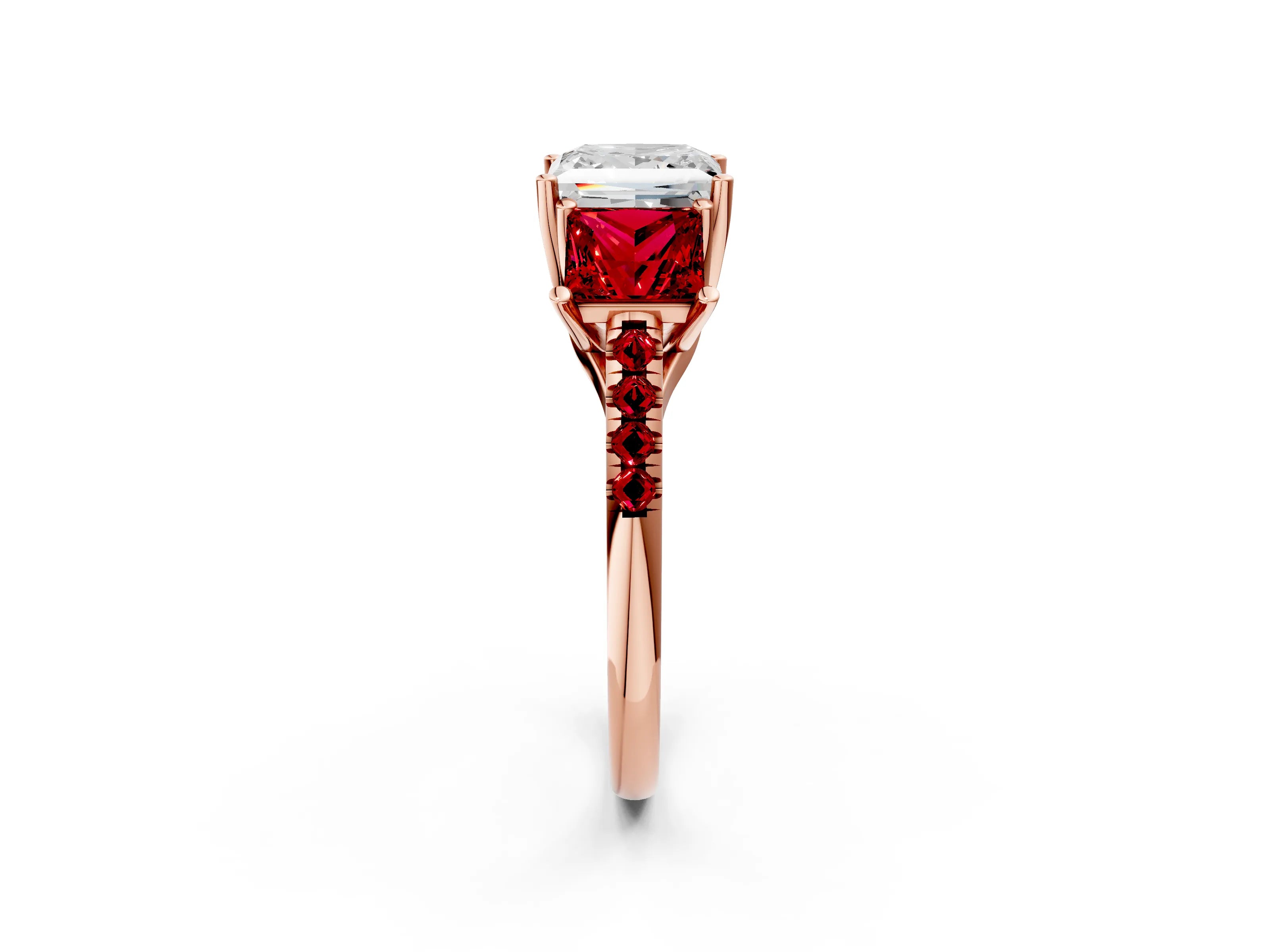 Rose gold Three-Stone Princess Cut Diamond Ring with Round with Ruby side stone Pavé Band and Prong Setting_2
