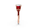 Rose gold Three-Stone Princess Cut Diamond Ring with Round with Ruby side stone Pavé Band and Prong Setting_2