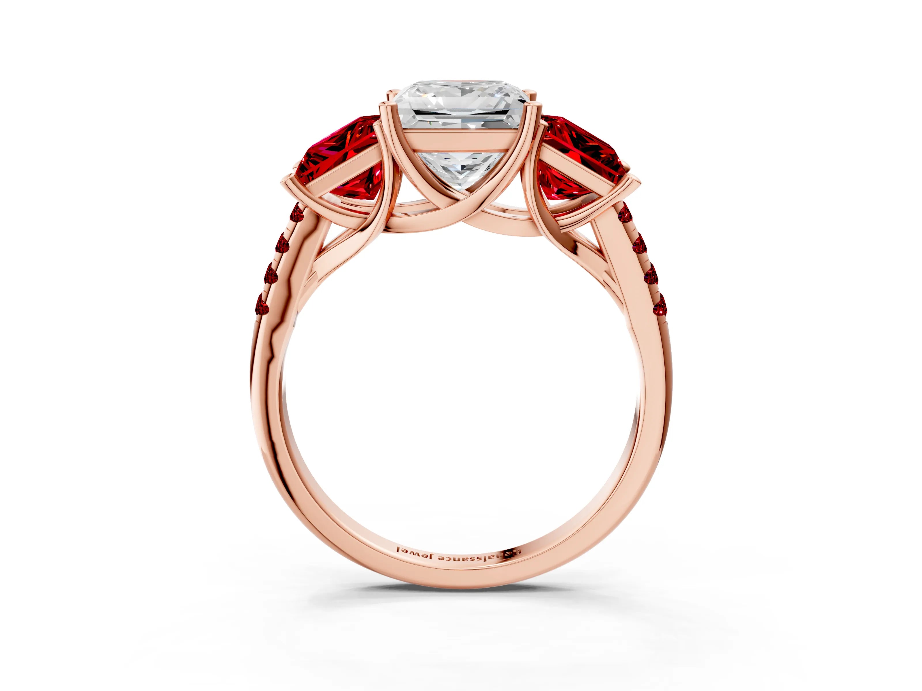 Rose gold Three-Stone Princess Cut Diamond Ring with Round with Ruby side stone Pavé Band and Prong Setting_3