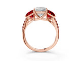 Rose gold Three-Stone Princess Cut Diamond Ring with Round with Ruby side stone Pavé Band and Prong Setting_3