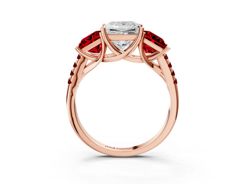 Rose gold Three-Stone Princess Cut Diamond Ring with Round with Ruby side stone Pavé Band and Prong Setting_3