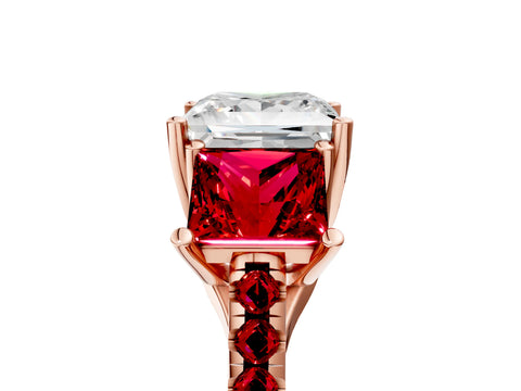 Rose gold Three-Stone Princess Cut Diamond Ring with Round with Ruby side stone Pavé Band and Prong Setting_5