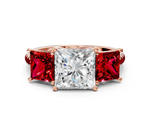 Rose gold Three-Stone Princess Cut Diamond Ring with Round with Ruby side stone Pavé Band and Prong Setting