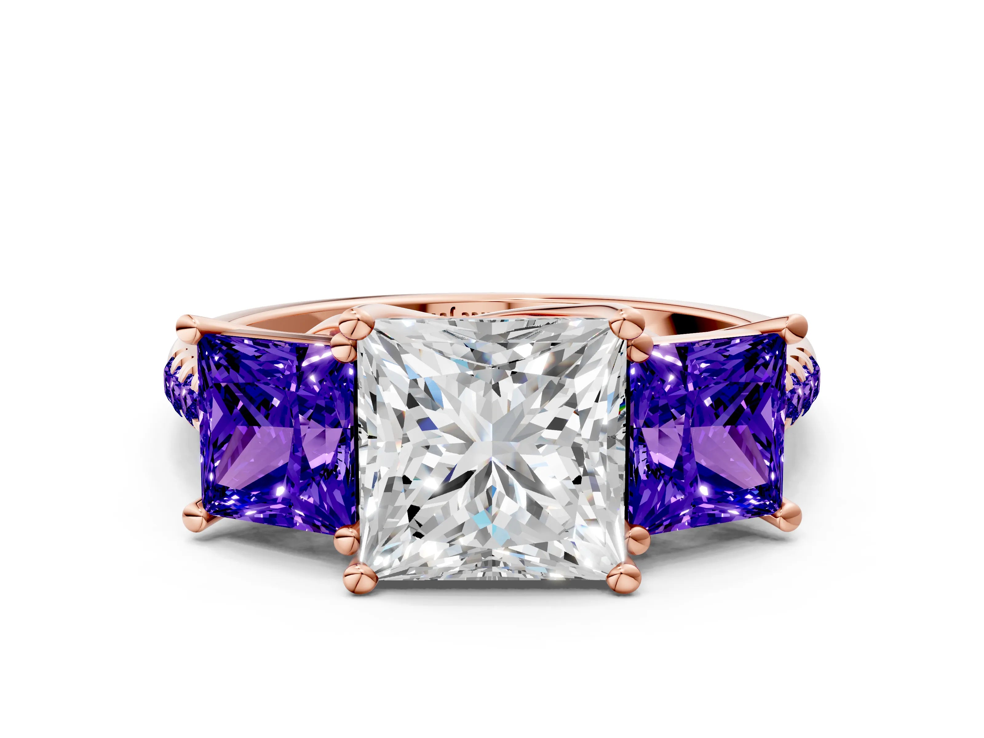 Rose gold Three-Stone Princess Cut Diamond Ring with Round with Tanzanite side stone Pavé Band and Prong Setting