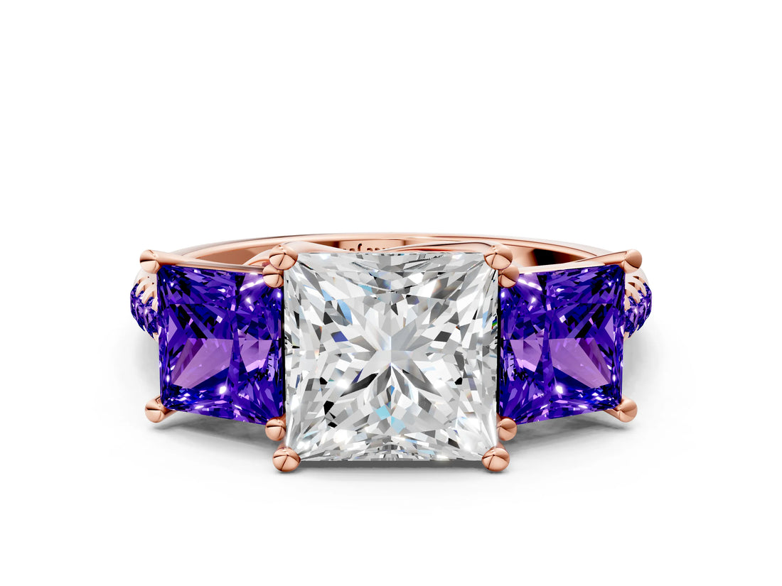 Rose gold Three-Stone Princess Cut Diamond Ring with Round with Tanzanite side stone Pavé Band and Prong Setting