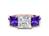 Rose gold Three-Stone Princess Cut Diamond Ring with Round with Tanzanite side stone Pavé Band and Prong Setting