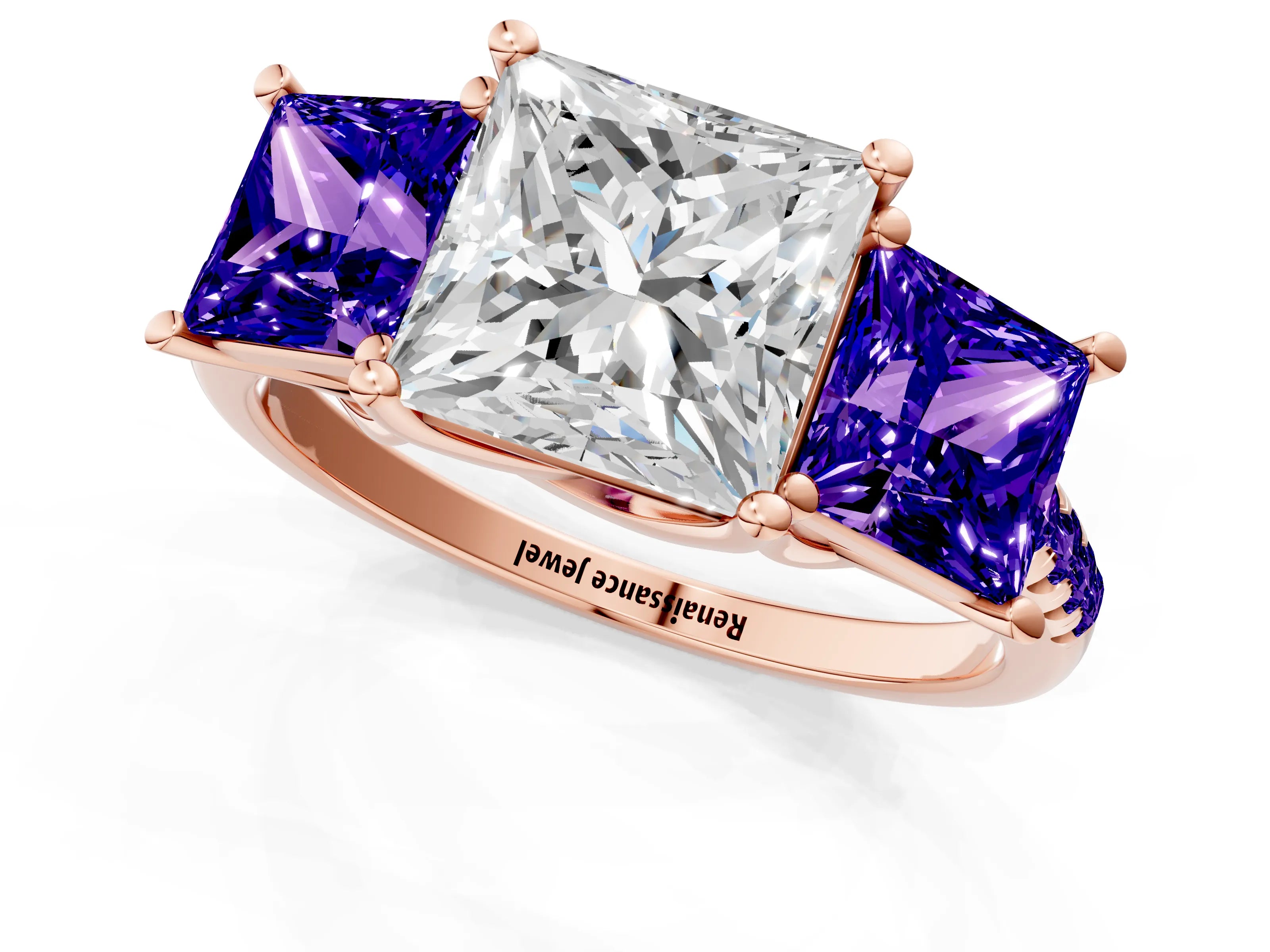 Rose gold Three-Stone Princess Cut Diamond Ring with Round with Tanzanite side stone Pavé Band and Prong Setting_1