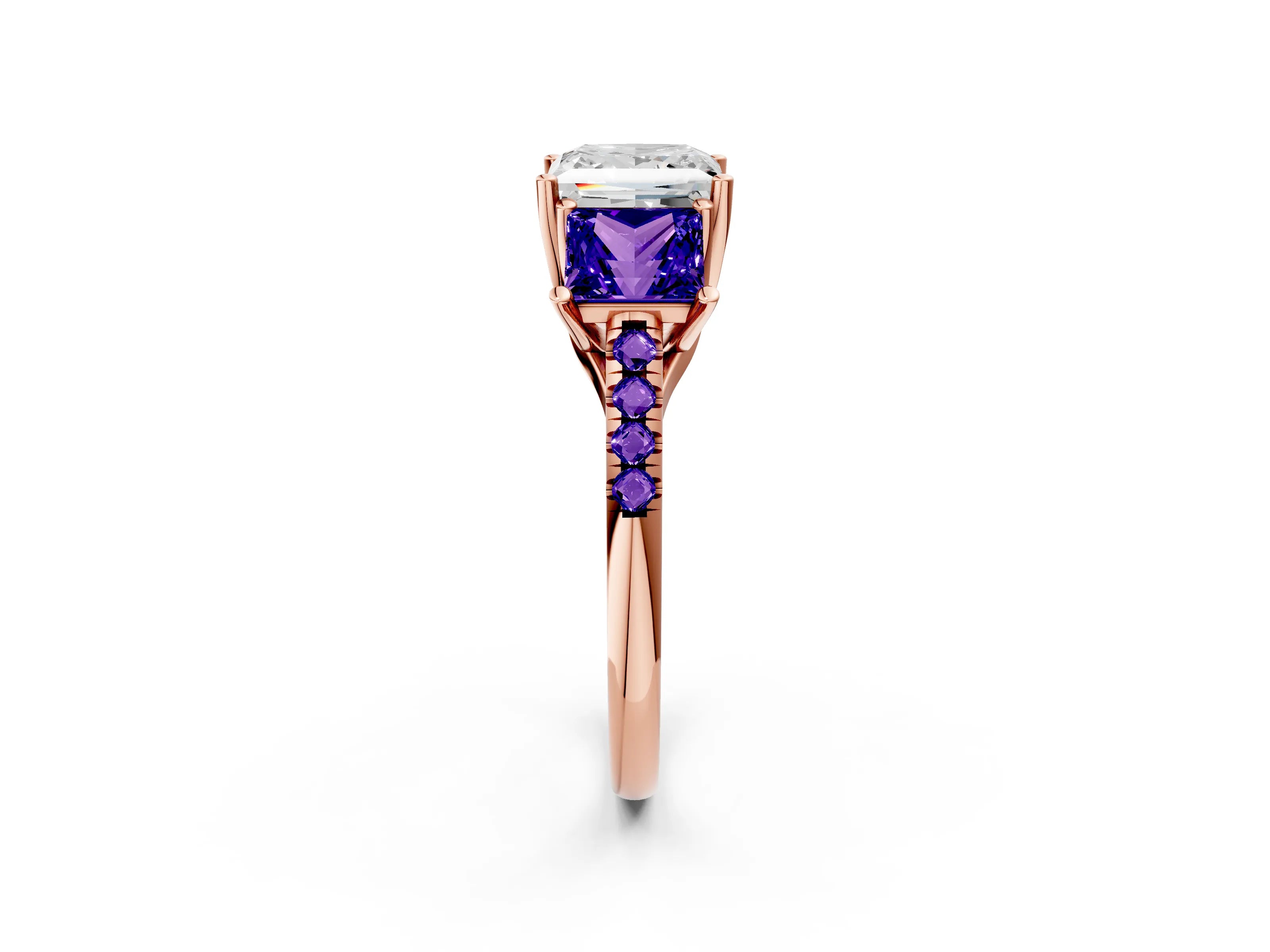 Rose gold Three-Stone Princess Cut Diamond Ring with Round with Tanzanite side stone Pavé Band and Prong Setting_2