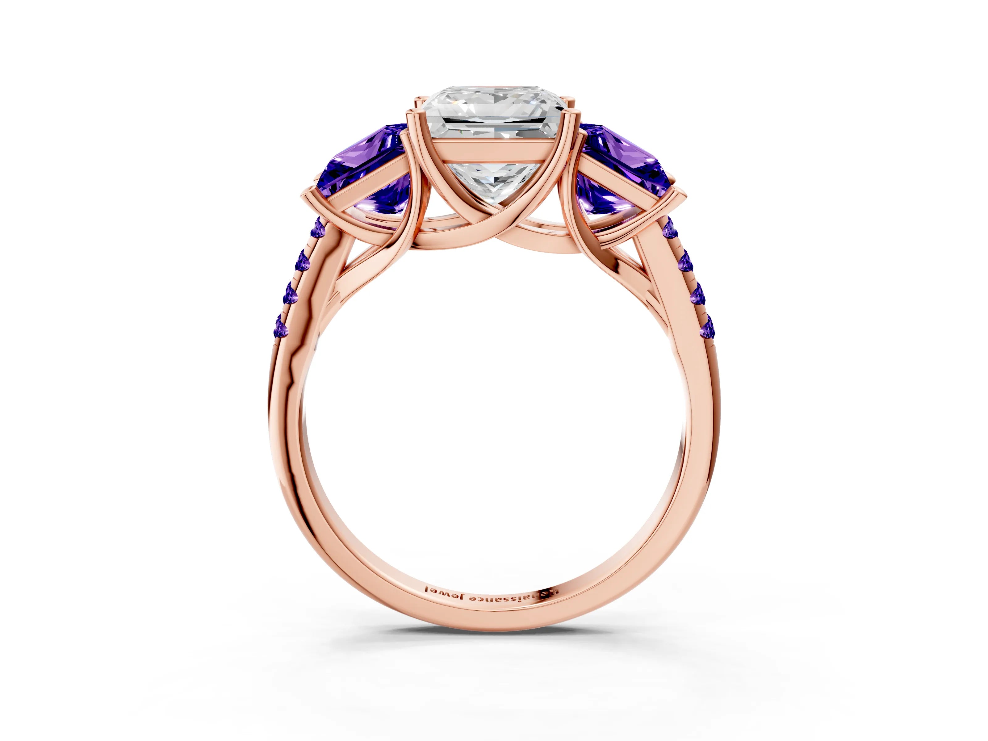 Rose gold Three-Stone Princess Cut Diamond Ring with Round with Tanzanite side stone Pavé Band and Prong Setting_3