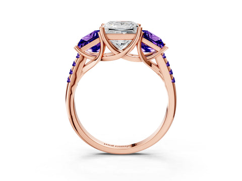 Rose gold Three-Stone Princess Cut Diamond Ring with Round with Tanzanite side stone Pavé Band and Prong Setting_3
