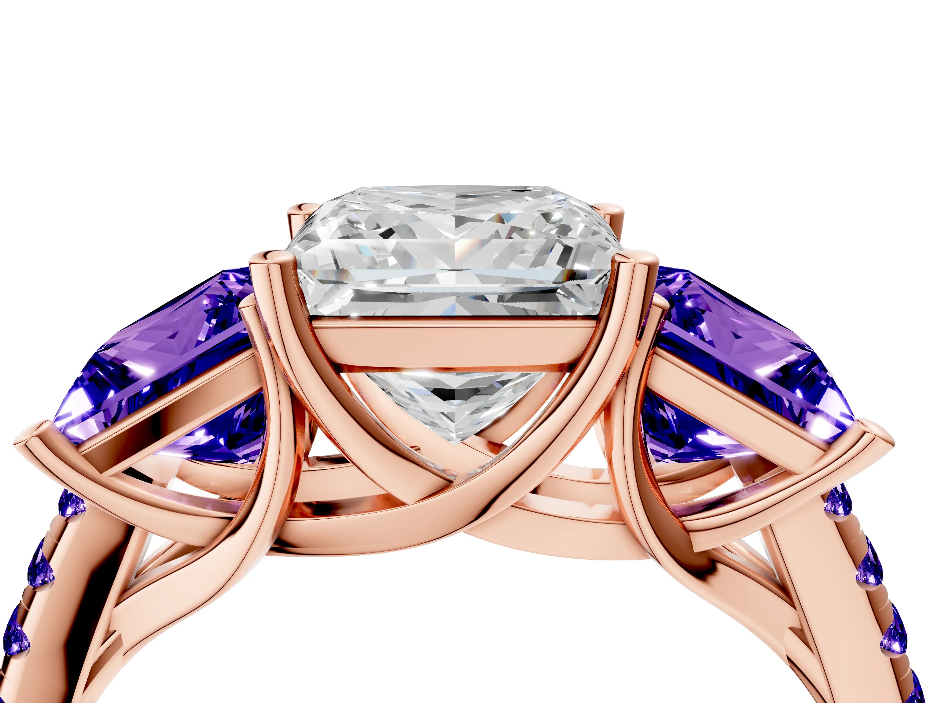 Rose gold Three-Stone Princess Cut Diamond Ring with Round with Tanzanite side stone Pavé Band and Prong Setting_4