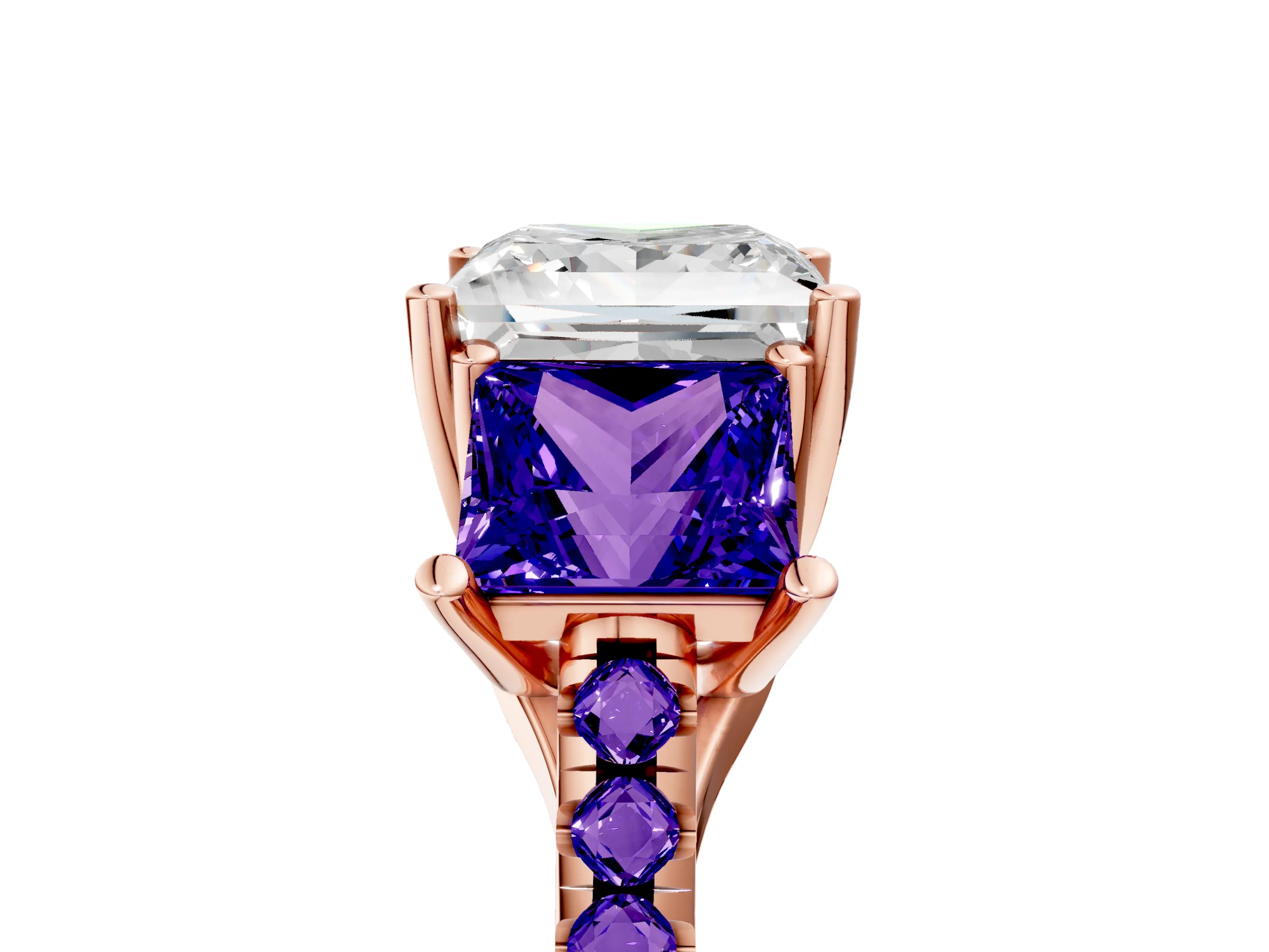 Rose gold Three-Stone Princess Cut Diamond Ring with Round with Tanzanite side stone Pavé Band and Prong Setting_5