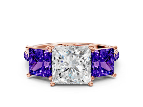 Rose gold Three-Stone Princess Cut Diamond Ring with Round with Tanzanite side stone Pavé Band and Prong Setting