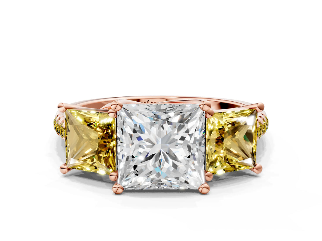 Rose gold Three-Stone Princess Cut Diamond Ring with Round with Yellow Sapphire side stone Pavé Band and Prong Setting