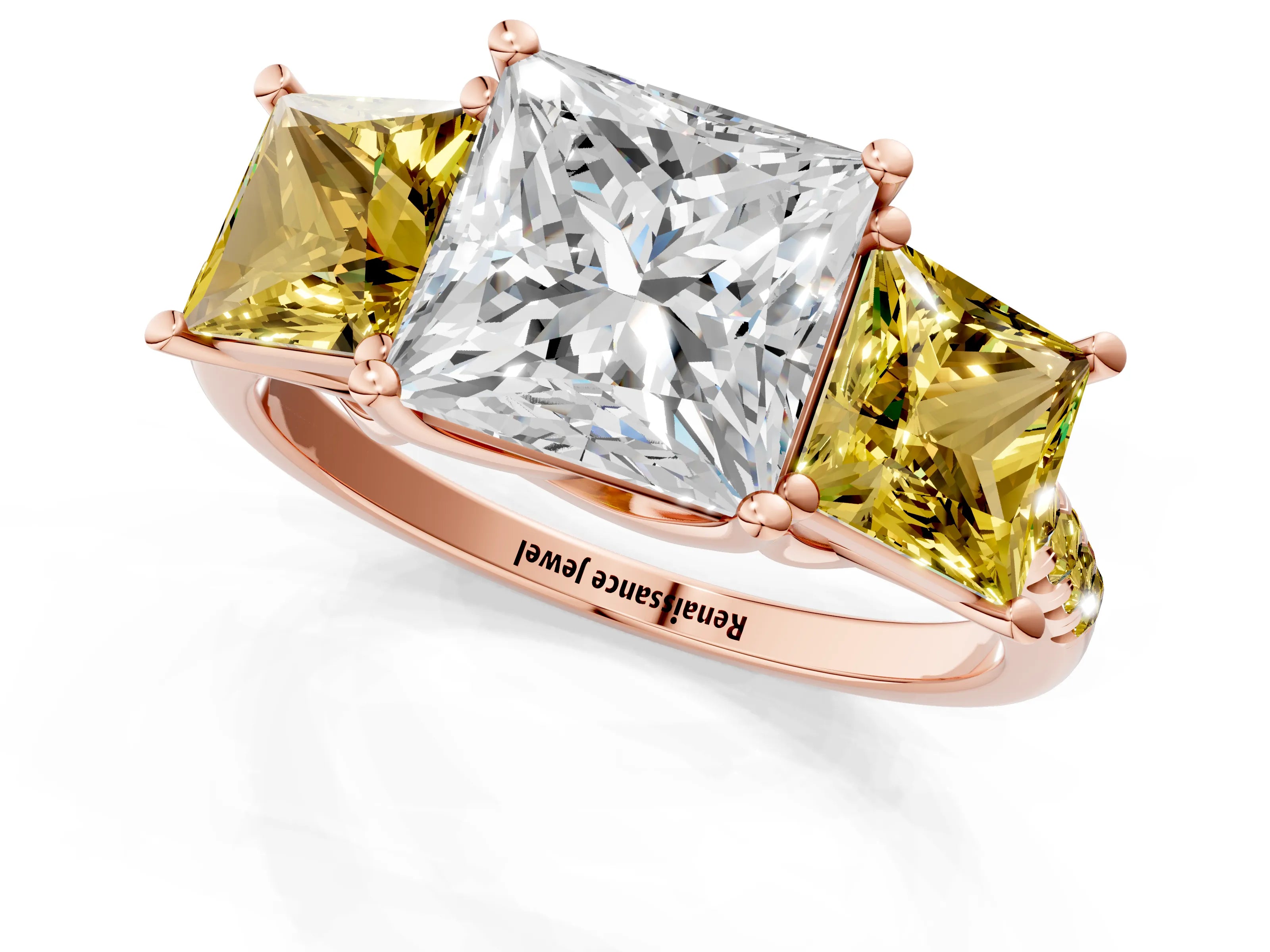 Rose gold Three-Stone Princess Cut Diamond Ring with Round with Yellow Sapphire side stone Pavé Band and Prong Setting_1