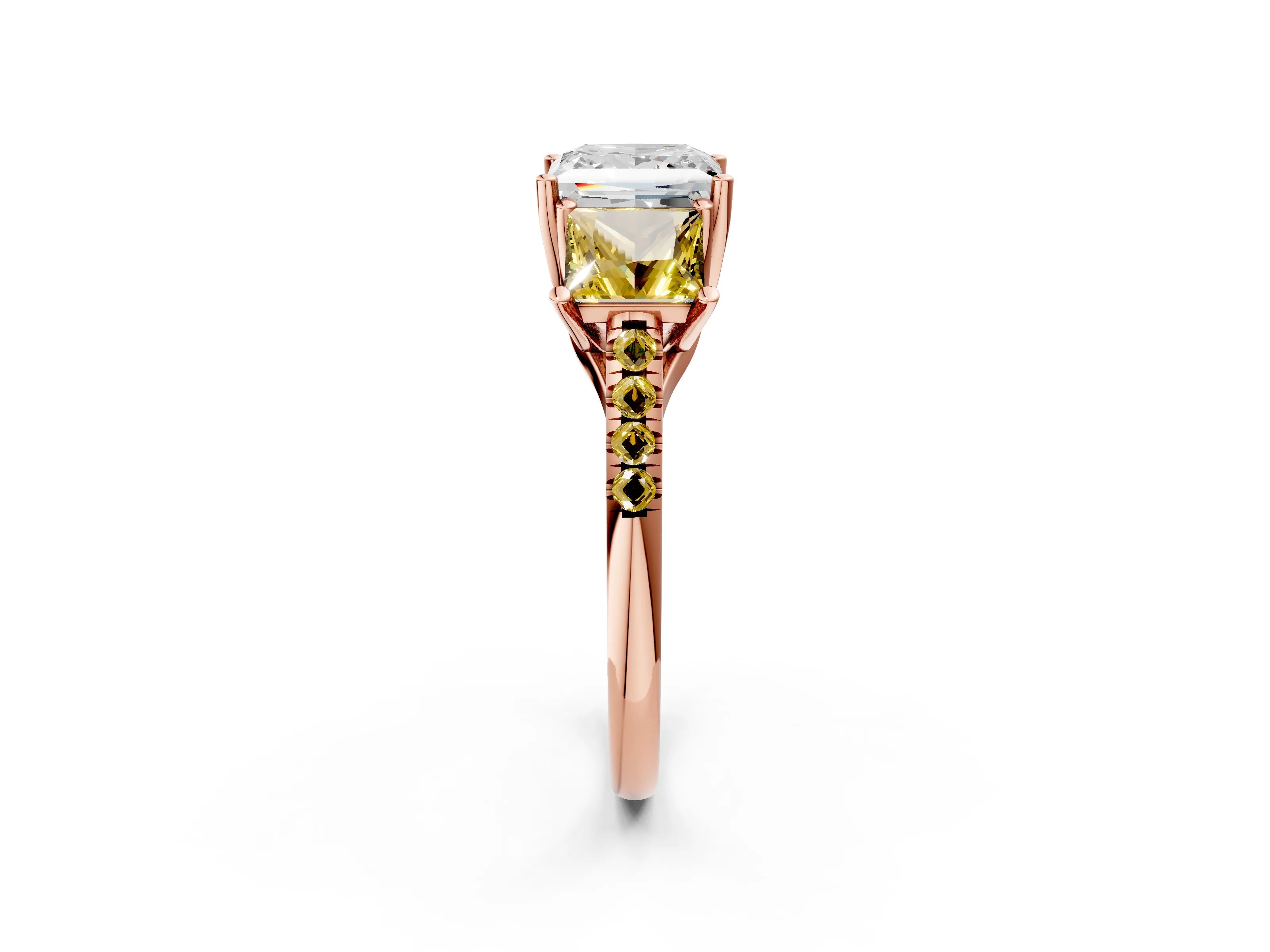Rose gold Three-Stone Princess Cut Diamond Ring with Round with Yellow Sapphire side stone Pavé Band and Prong Setting_2