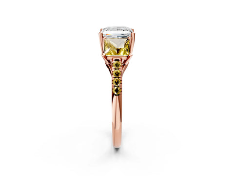 Rose gold Three-Stone Princess Cut Diamond Ring with Round with Yellow Sapphire side stone Pavé Band and Prong Setting_2