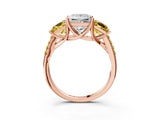 Rose gold Three-Stone Princess Cut Diamond Ring with Round with Yellow Sapphire side stone Pavé Band and Prong Setting_3