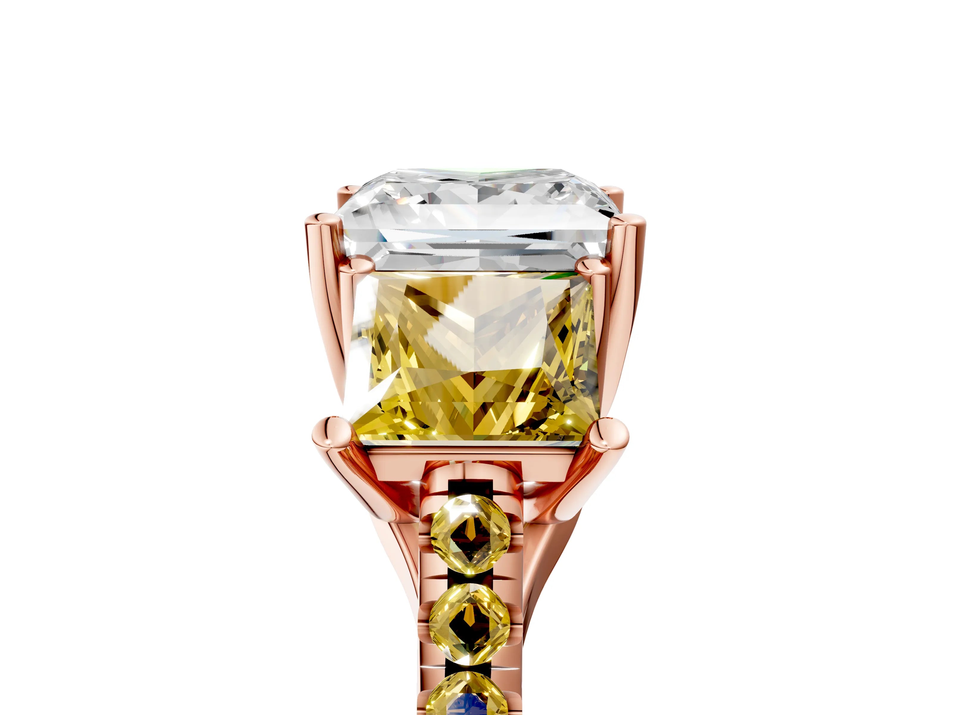 Rose gold Three-Stone Princess Cut Diamond Ring with Round with Yellow Sapphire side stone Pavé Band and Prong Setting_5