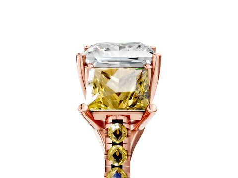 Rose gold Three-Stone Princess Cut Diamond Ring with Round with Yellow Sapphire side stone Pavé Band and Prong Setting_5