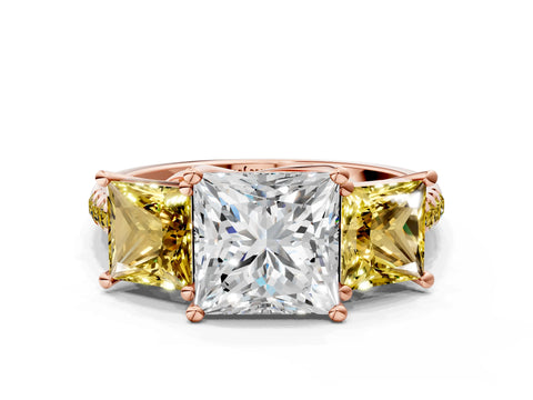 Rose gold Three-Stone Princess Cut Diamond Ring with Round with Yellow Sapphire side stone Pavé Band and Prong Setting