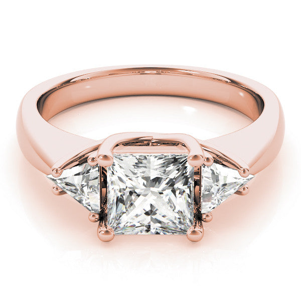 Rose gold Three-Stone Princess Cut Diamond Ring with Trillion Side Stones and Four-Prong Setting 1