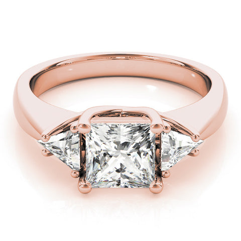 Rose gold Three-Stone Princess Cut Diamond Ring with Trillion Side Stones and Four-Prong Setting 1