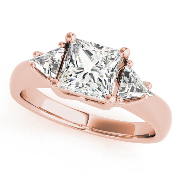 Rose gold Three-Stone Princess Cut Diamond Ring with Trillion Side Stones and Four-Prong Setting