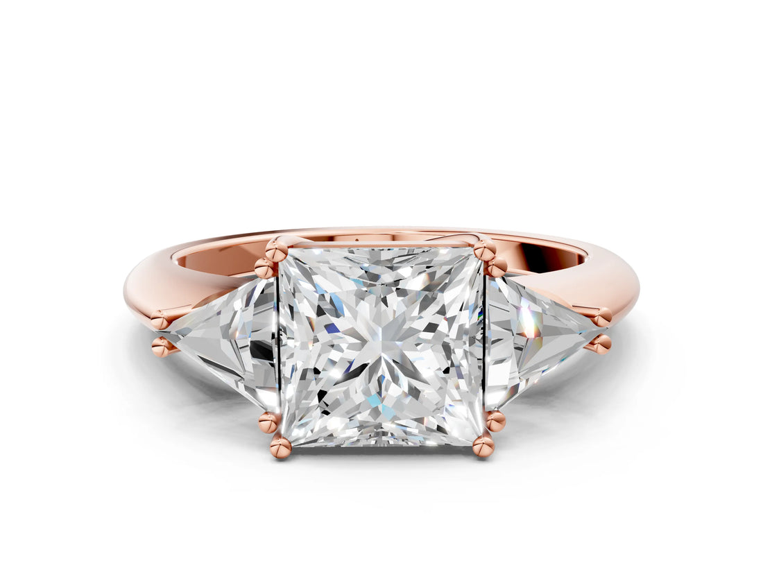 Rose gold Three-Stone Princess Cut Diamond Ring with Trillion Side Stones and Four-Prong Setting_7