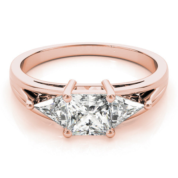 Rose gold Three-Stone Princess Cut Diamond Ring with Trillion Side Stones on a Split Shank Band 1